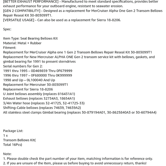 Outboard transom bellows repair kit Gen 2 for MerCruiser ALPHA one 1991-up (29 - Picture 9 of 9